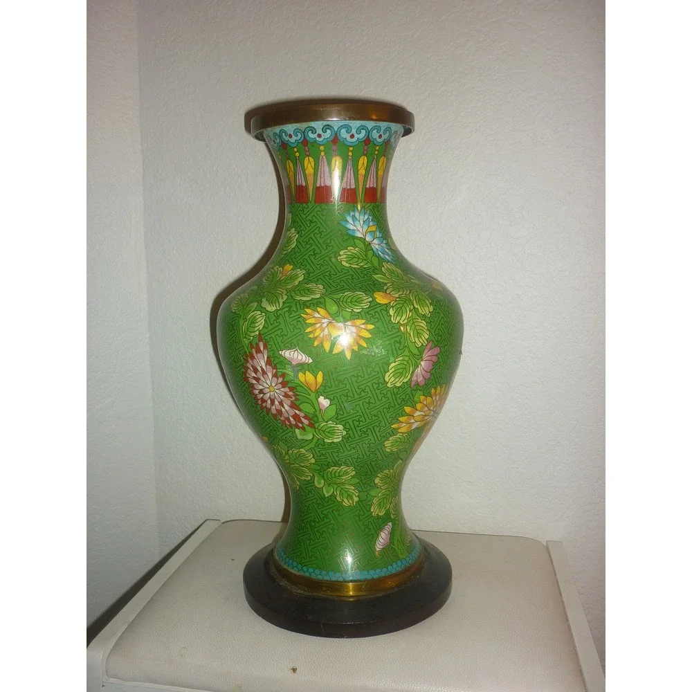Vintage Green Cloisonne Enamel Floral‎ Vase Brass Wirework with Wood Base 16in